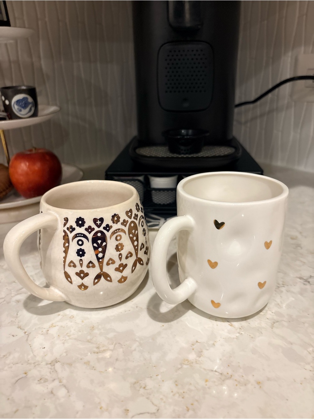 Gold mermaid & Hearts on beige / White Ceramic Barista Specialty Mugs -Set of 2